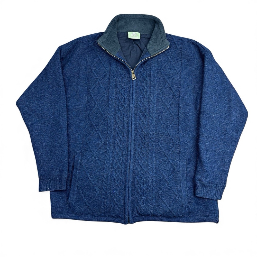 Aran Woolen Mills Cable Knit Full Zip Sweater Jacket Womens Large Blue Wool